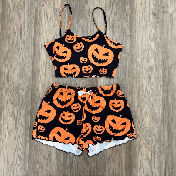 Other - Halloween Pumpkin Print Cami & Shorts Pajama Set - Orange/Black